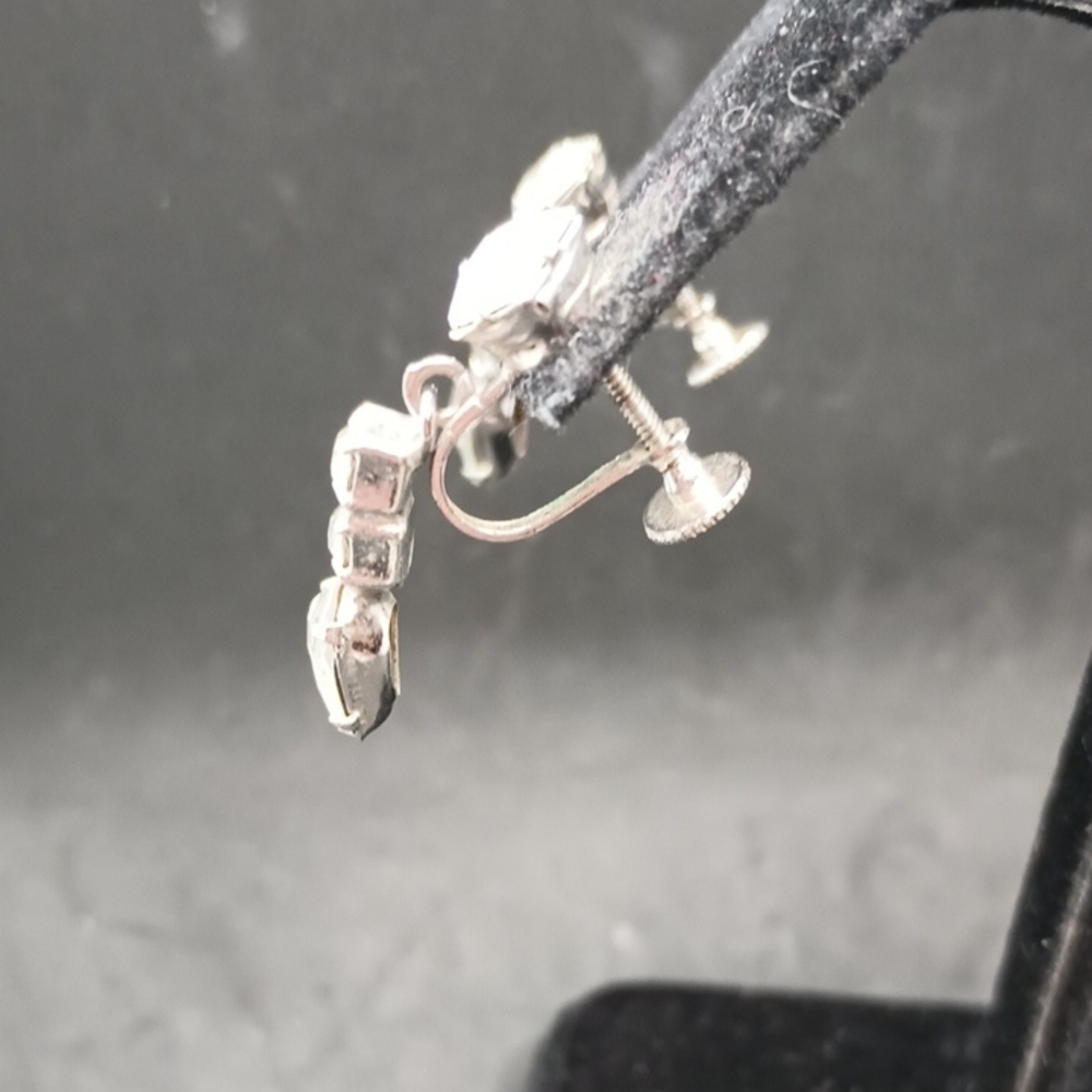 Silver Tone Textured Drop Earrings with Crystalline Design - Picture 2 of 3